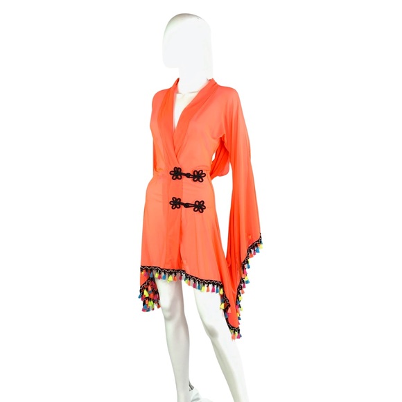 Wassa Wear Fluorescent Orange Mesh Swimsuit Cover Up Tunic Robe Festival Rave - Picture 3 of 14
